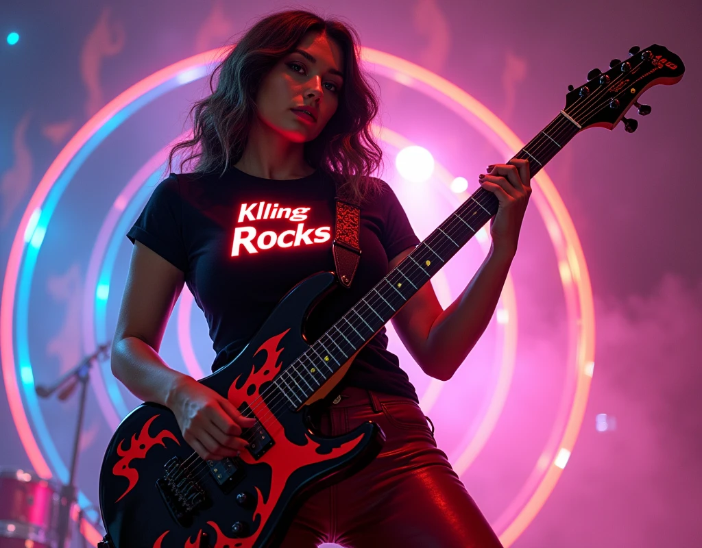 The image depicts a sexy Woman with hourglass body and hug tits playing an electric guitar, which is a musical instrument characterized by its electronic sound production. The guitar has a distinctive Glossy black with red and orange flames on it, which is not typical for such instruments and suggests a custom design or personalization. The individual's attire includes a black t-shirt with neon red text in a 3D font that spells out "kling AI Rocks", she is wearing tight red leather pants. The presence of the guitar and the attire of the person implies a context of music performance in a rock genre. Neon art style mixed with vector art and pop art in the background that depict sound waves flowing thru the air visual effect to enhance the rock aesthetic, glowing neon light, Pop art 