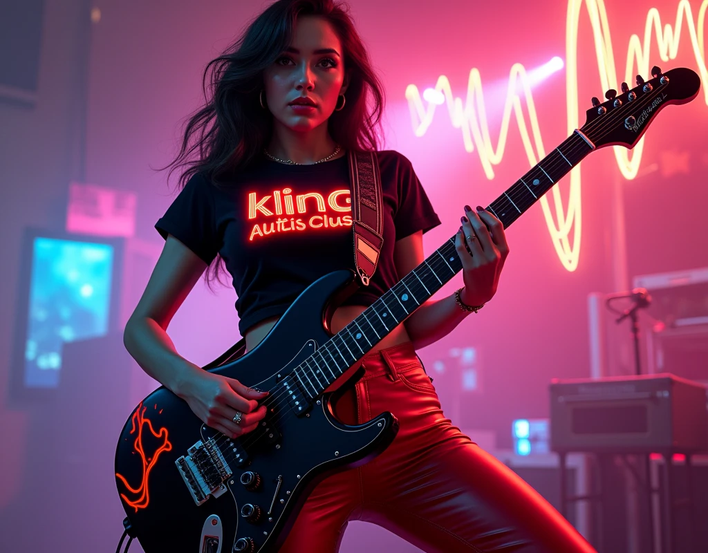 The image depicts a sexy Woman with hourglass body and hug tits playing an electric guitar, which is a musical instrument characterized by its electronic sound production. The guitar has a distinctive Glossy black with red and orange flames on it, which is not typical for such instruments and suggests a custom design or personalization. The individual's attire includes a black t-shirt with neon red text in a 3D font that spells out "kling AI Rocks", she is wearing tight red leather pants. The presence of the guitar and the attire of the person implies a context of music performance in a rock genre. Neon art style mixed with vector art and pop art in the background that depict sound waves flowing thru the air visual effect to enhance the rock aesthetic, glowing neon light, Pop art 