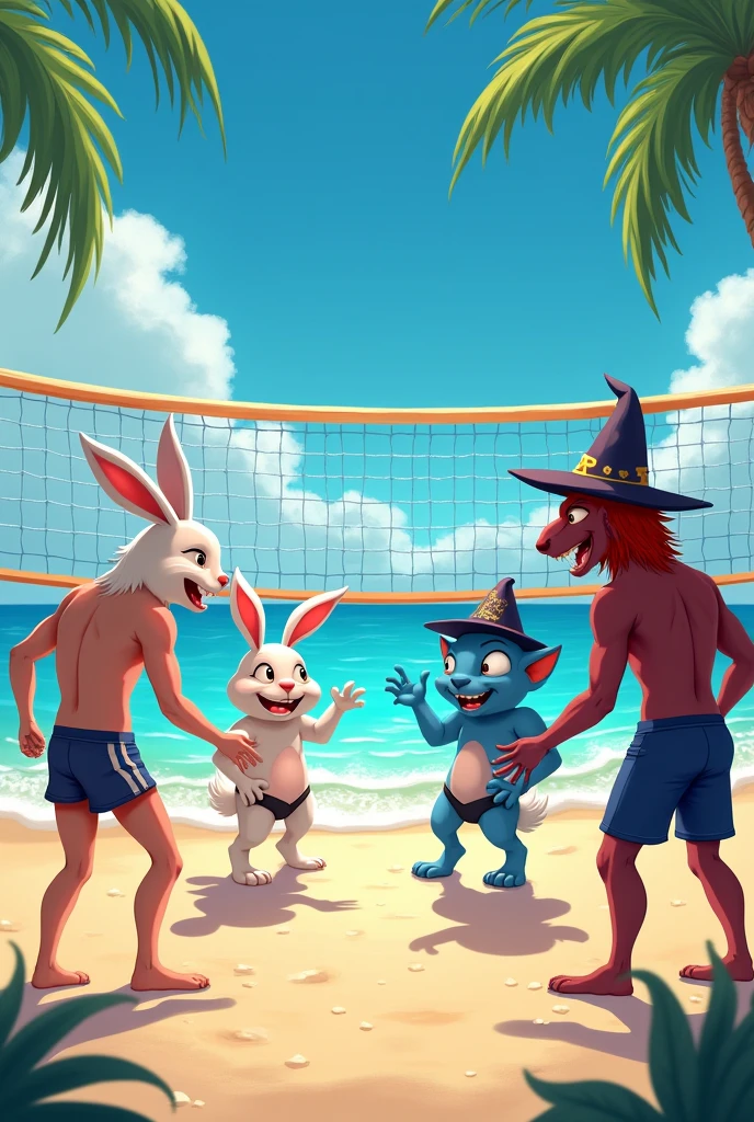 A funny sunny day in the beach  playing voleiball in two groups, the good ones a cute male white Bunny and a cute coquette an Magic  female satiress , and the another group a  little slime male blue whit a mage hat abd de last one a drow male sexy whit a red hair and Big bard hat all the members wear a swimmsuit