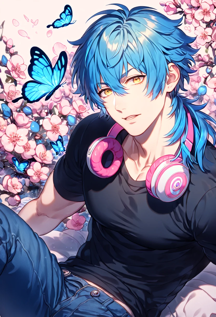 absurdres, highres, ultra detailed, HDR, master piece, best quality, extremely detailed, Seragaki Aoba, blue hair, expressive yellow eyes, Dramatical ??????, solo, sexy man, handsome, manly man sitting, sensual, pink headphones around his neck, white and blue hooded jacket, black T-shirt, blue pants, fantasy, magical, blue moon, blue flowers, blue butterflies, blue petals, blossoms