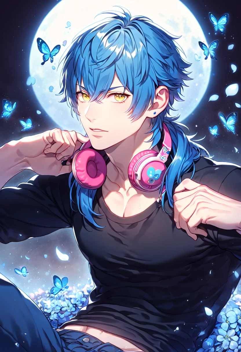 absurdres, highres, ultra detailed, HDR, master piece, best quality, extremely detailed, Seragaki Aoba, blue hair, expressive yellow eyes, Dramatical Murder, solo, sexy man, handsome, manly man sitting, sensual, pink headphones around his neck, white and blue hooded jacket, black T-shirt, blue pants, fantasy, magical, blue moon, blue flowers, blue butterflies, blue petals, blossoms