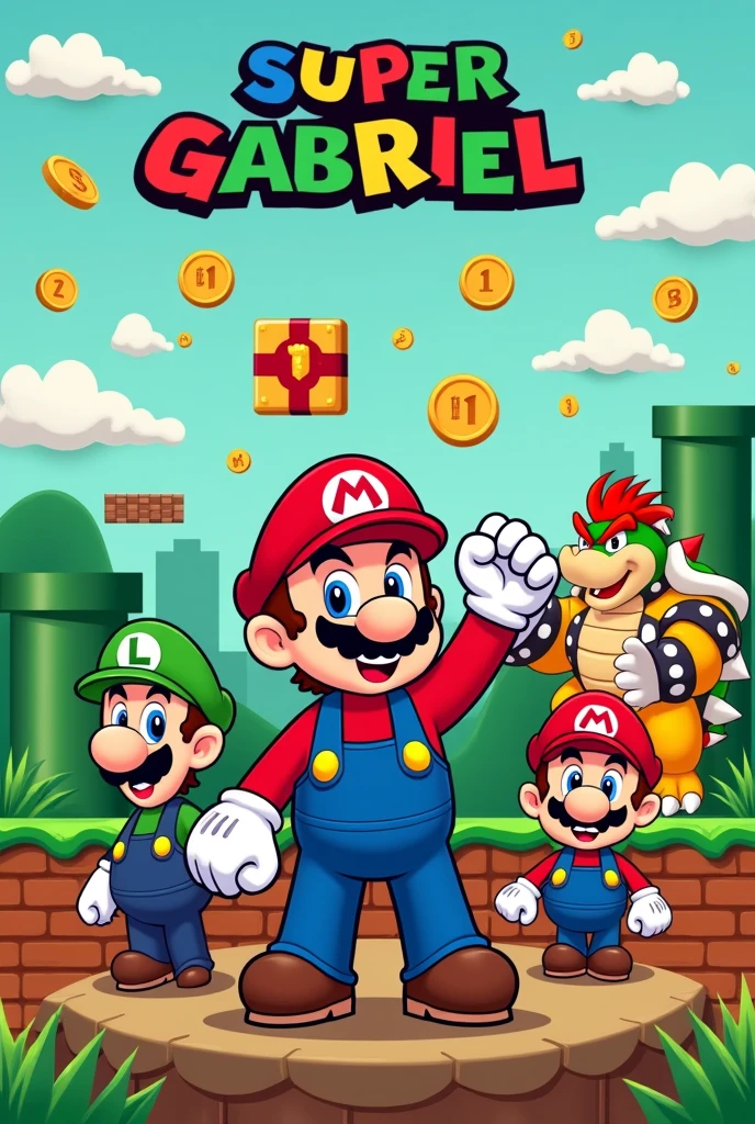 Mario bros themed birthday invitation, The birthday boy's name is Gabriel, he is 7 years old