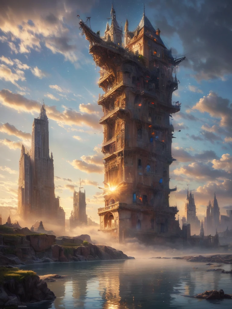 (8k, highest quality, masterpiece, final fantasy style: 1.2), (unRealistic, photoRealistic: 1.37), Dreamy landscape, Fantasy, Unsurreal landscapes, Super detailed, Flying Castle, Floating Island in the Sky, Seven-colored swirl of light, Intense lightning, milky way, Complex Light, Colored light, Large Lake, Starry sky reflected on the lake surface, Countless shining stars, Meteors, Reflections , (A pillar of light emanated from the ground:1,2), roses and orchids gardens , sunset, pink clouds, waterfalls in the sky, realistic style, Hyperrealism drawing, (a flying pirate spaceship floating high above the clouds, burning skyscrapers, cyborgs, timeless realms, stunning princess standing , casting spell, healing light magic effect, in a magical lagoon of the fairyland, crystal clear water surface reflections, sharp focus, looking at viewer, (close-up:0.9), (bright white theme:1.2), (bright white tone:1.2), (deep blue tone:1.3),((( realistic, Hyperrealism, vivid colours , landscapes , alien cyborgs , science fiction themes))),