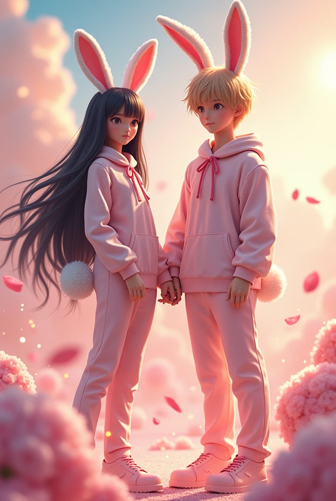 A cute girl with long black hair in a bunny girl costume and a cool boy with blonde hair in a bunny girl costume
