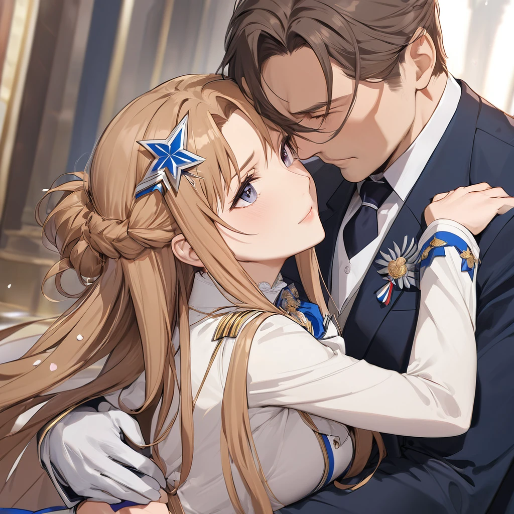 ((Highest quality)), ((masterpiece)), (detailed), (Perfect Face)、The woman is Yuuki Asuna, a Russian with light brown, semi-long hair.、The woman is a member of the United Russia party and is beautifully dressed in a suit and lavish accessories.、She is a United Russia member who is dedicated to the cause of a great United Russia, and she deeply respects and worships the leader of the Great Russian Party, a United Russia supremacist.、As the secretary and mistress of a great United Russia official, the woman wholeheartedly devotes herself to serving, embracing, supporting, and following the great and beloved official, devoting herself to both body and soul.、The man is holding the woman as his lover