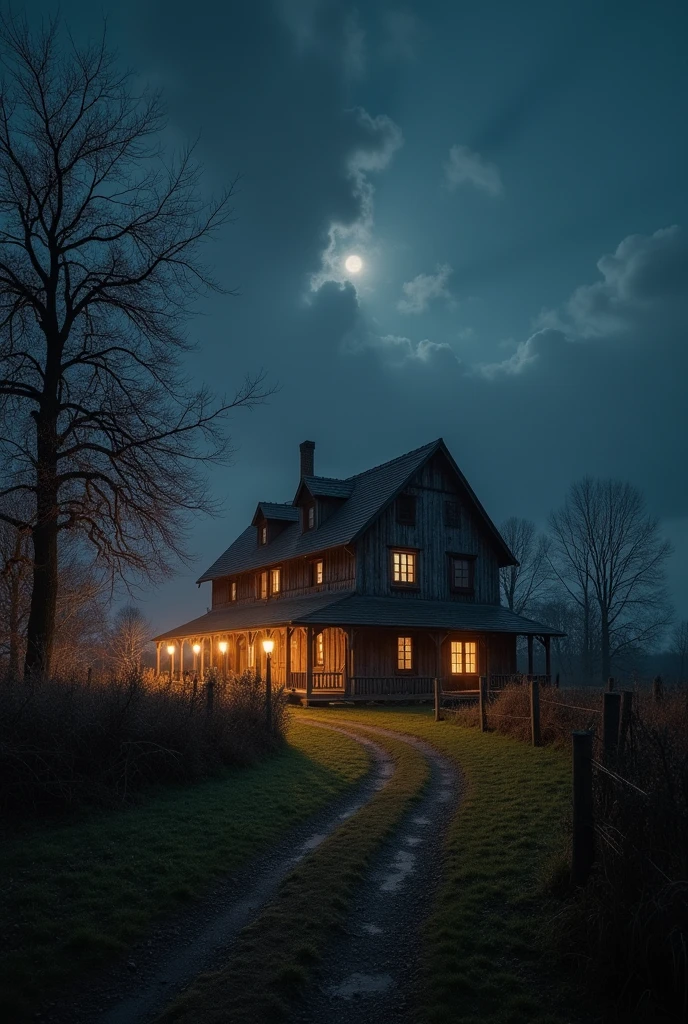 Large high standard farm in the year 1800 at night