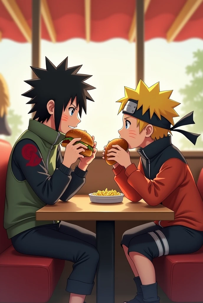 Sasuke Uchiha and Naruto uzumaki version eating burgers and fries at Mc Donald's