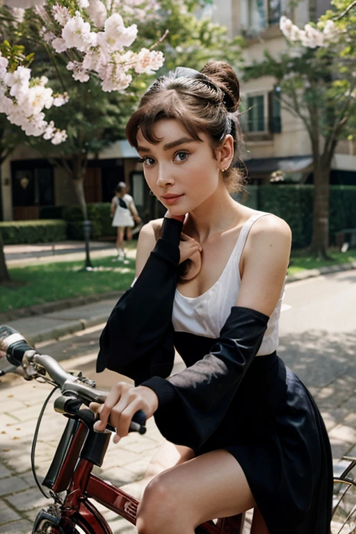 audrey hepburn sailor moon riding on a bicycle in a spring morning