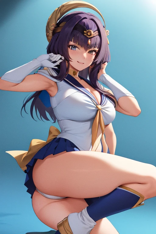 masterpiece, high definition, best quality, rendered art, well formed hands, fingers and body, 1 woman, solo, Candace , 31 years old, adult, grown up, wearing Sailor Moon's outfit, big breasted, cleavage, full body, sexy sailor senshi uniform, short blue skirt, red boots, gorgeous hips, bare legs and thighs, white elbow gloves, sailor collar, tiara, earrings, fighting in a combat match, showing her fighting skills, making her guard, about to hit the viewer, looking at the viewer, panties peek, sweating, bouncing breasts, smiling joyfully and brightly, being confident and proud, action and fighting scene, martial arts tournament on the beach