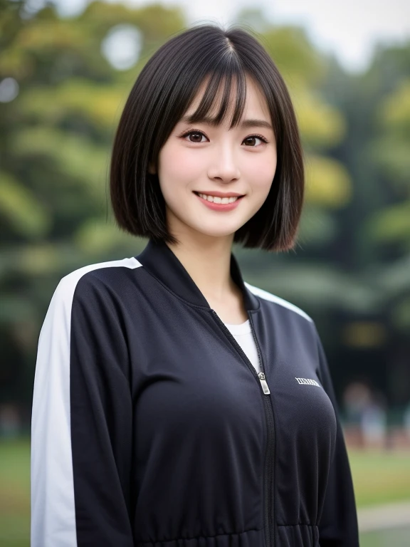 (kawaii 24 year-old Japanese girl, Nogizaka idol, Korean idol), healthy female athlete body, (glossy black hair, short hair, pixie cut, bangs:1.3), (rounded face, pure black eyes, single eyelid, no makeup, splashing best smile:1.2), (wears track jacket:1.3), extra small breasts, BREAK, (Central Park background:1.3), (dynamic angle, bust shot, breasts focus:1.2), BREAK, (masterpiece, best quality, photo realistic, official art:1.4), (UHD, 8K quality wallpaper, high resolution, raw photo, golden ratio:1.3), (shiny skin), professional lighting, physically based rendering, award winning, (highly detailed skin, extremely detailed face and eyes, anatomically correct body), Carl Zeiss 85 mm F/1.4, depth of field, 1girl, solo,