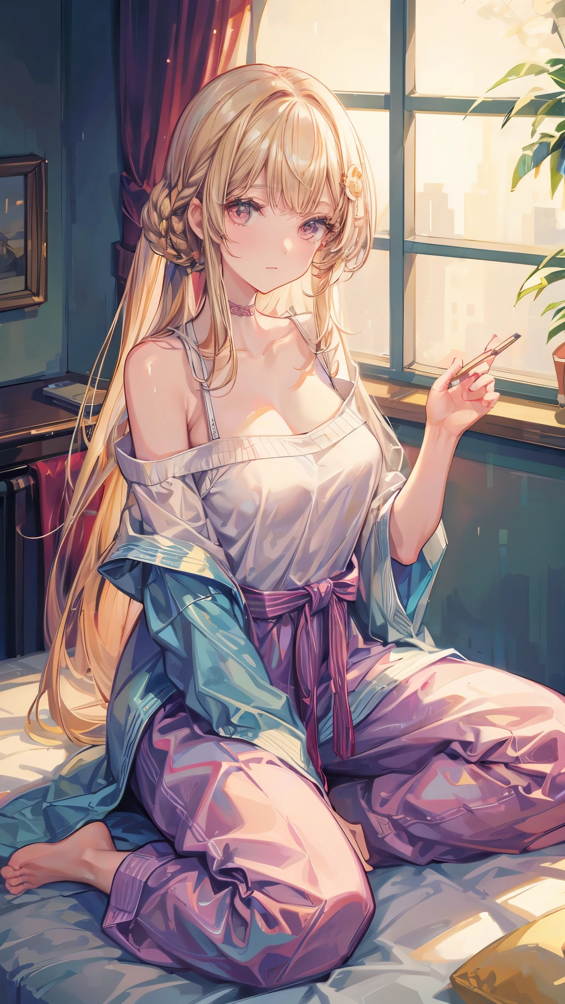 (mastepiece:1.2), beautiful woman, sitting on bed, wearing loose off-shoulder top, pajama pants, long curly hair, indoors, soft lighting, plants in background, window with sunlight, cozy room, relaxed pose, intricate details, warm colors, Japanese high school girl