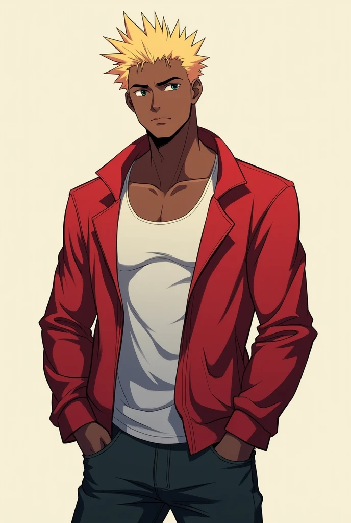 In the anime picture, the head to toes are still visible.、Dark skinned、He has a slim muscular body and wears a tank top and a red jacket.、Blonde