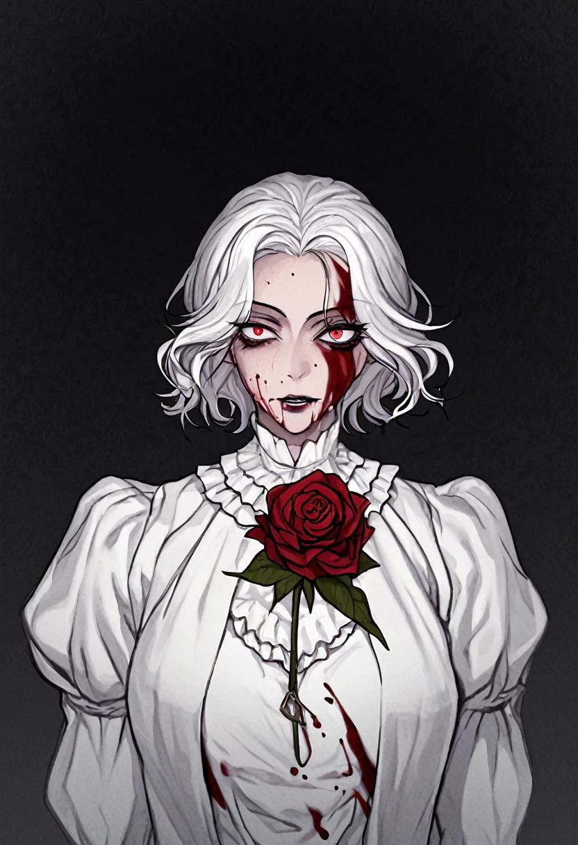 vampire girl, elegant white dress with black details,White hair, eye color is orange, fully body,cold stare, blood on your face,dark landscape,field of roses.