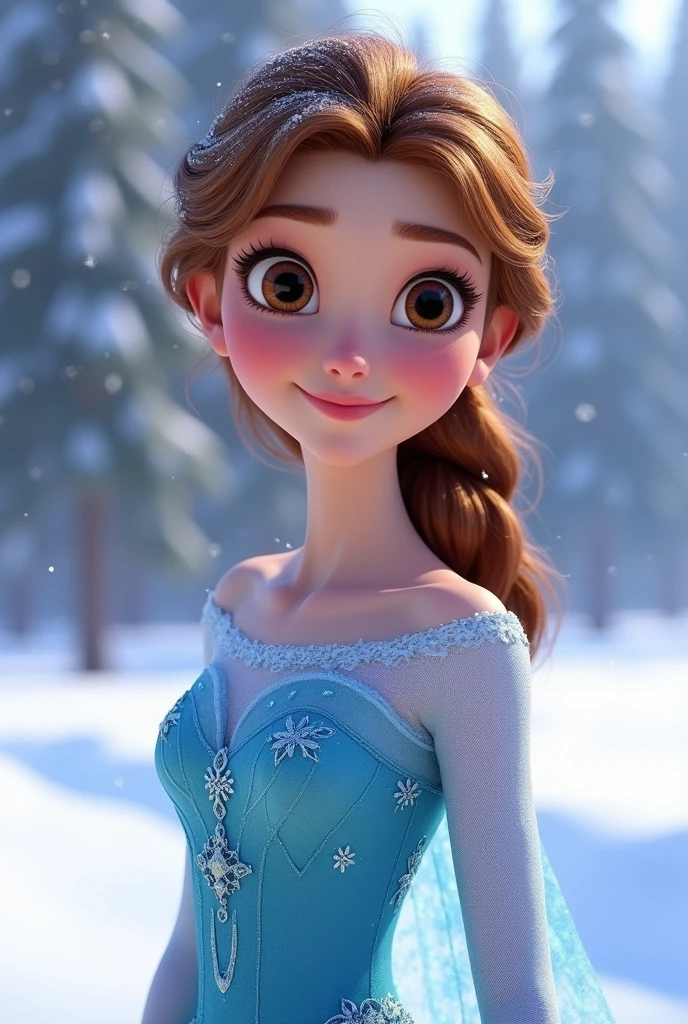 one , Pixar-style, brown hair and eyes, medium hair,at shoulder height, wearing a blue dress like Elsa from Frozen, in a snowy setting.