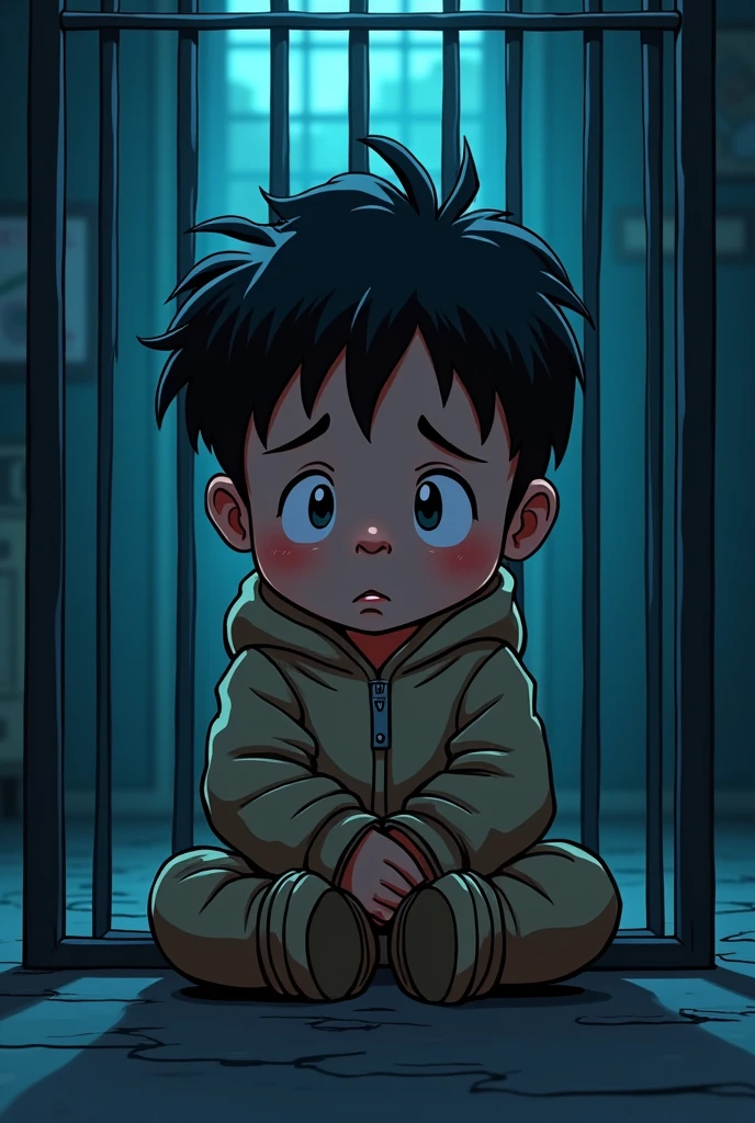 Cinematic cartoon style. comic art. TME0224 face, sad expression, (((a baby boy, 4 year old))) in a funny night (((wearing a baggy onesie with hands in mittens))), (((inside a tiny closed cage behind bars, sitting with the legs sticking out))). cinematic lighting, drop shadow, masterpiece, UHD, anatomically correct, textured skin, super detail, high details, high quality, best quality, 4K, full body, sitting with the legs sticking out of the bars