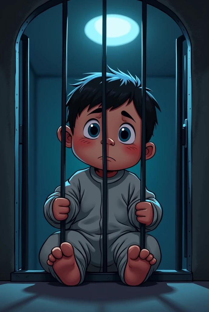 Cinematic cartoon style. comic art. TME0224 face, sad expression, (((a baby boy, 4 year old))) in a funny night (((wearing a baggy onesie with hands in mittens))), (((inside a tiny closed cage behind bars, sitting with the legs sticking out))). cinematic lighting, drop shadow, masterpiece, UHD, anatomically correct, textured skin, super detail, high details, high quality, best quality, 4K, full body, sitting with the legs sticking out of the bars