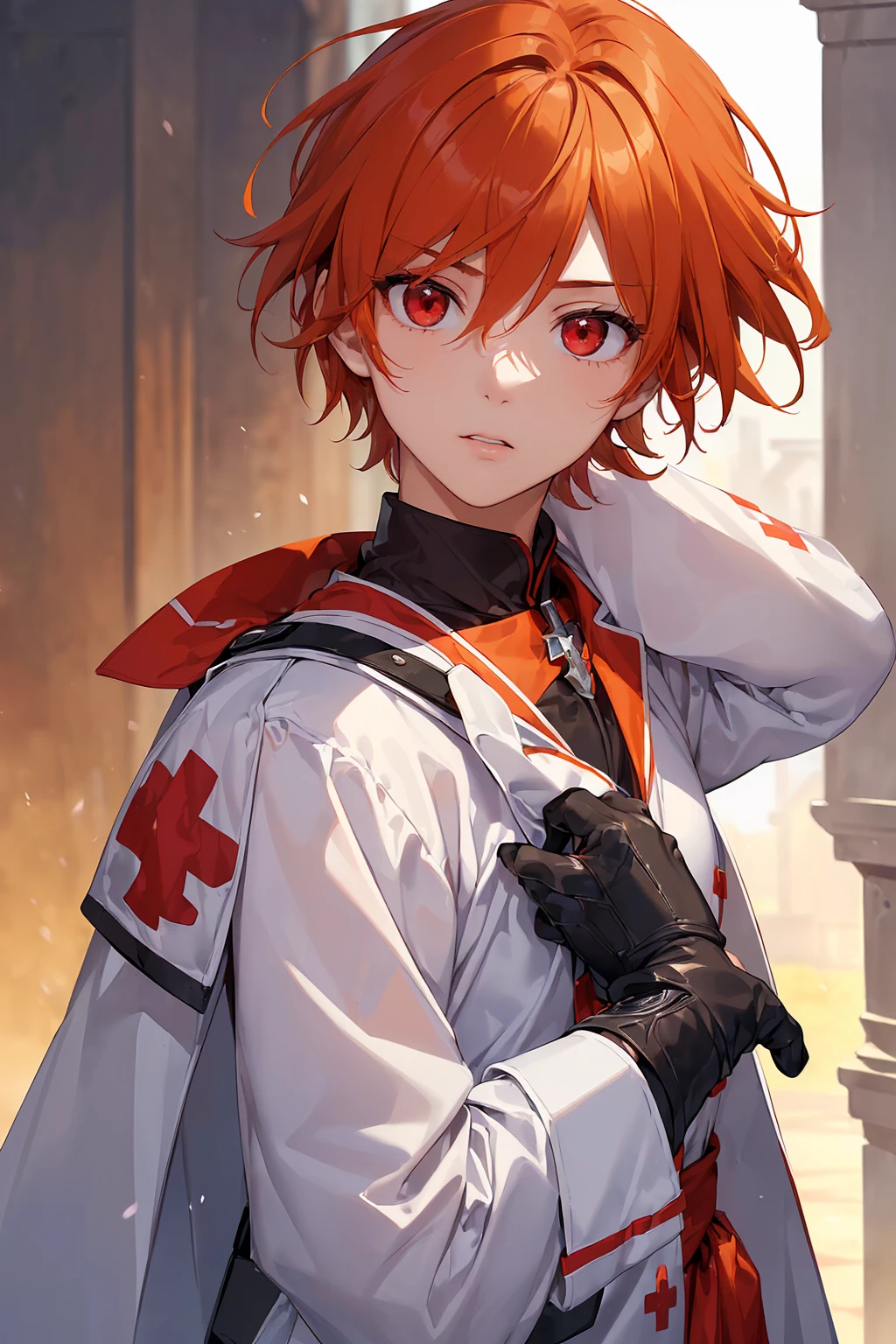 (((masterpiece; best quality: 1.2))), (finely detailed eyes: 1.3), ((1 young man)), ((solo)), (red eyes: 1.4), (body shape; lean, masculine, manly: 1.3), (very short orange hair: 1.3), (beautiful and clear background: 1.2), ((depth of field)), (equipment: high-fantasy medic garb + white long-sleeve overcoat + armband with red cross + black high-neck shirt + gloves: 1.3), (anime illustration: 1.2), (background composition; palace gardens + day: 1.1), (extremely fine and handsome: 1.1), (shot composition; standing + centered on face + bust close-up: 1.5), (facial expression; calm, stoic: 1.2)