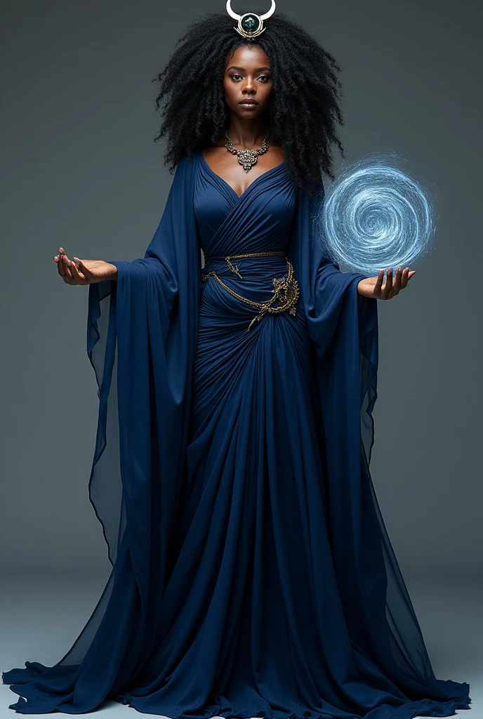 Orisha woman dressed in dark blue with a shiny spiral in her hand, uncrowned...