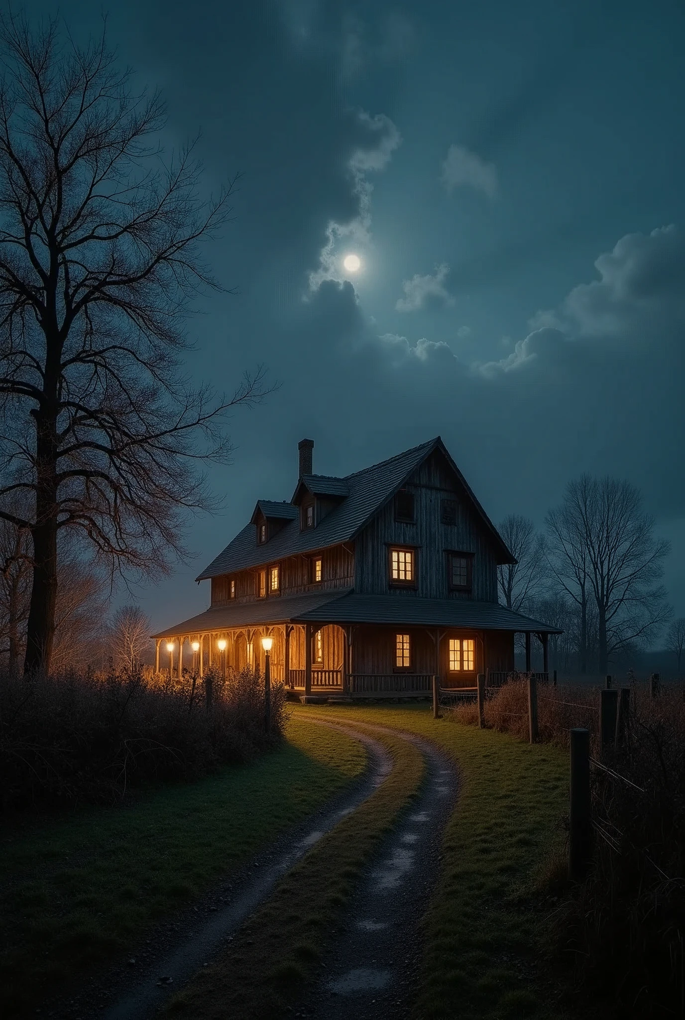 Large high standard farm in the year 1800 at night