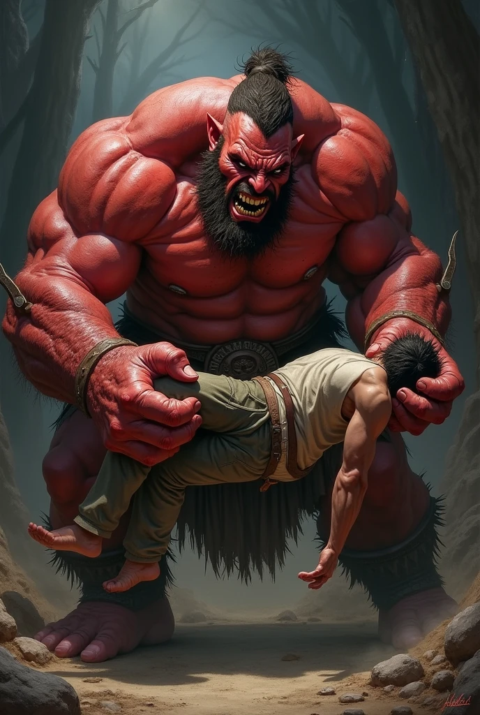 Create a realistic book cover, a red ogre making an angry face with a male in his hand 