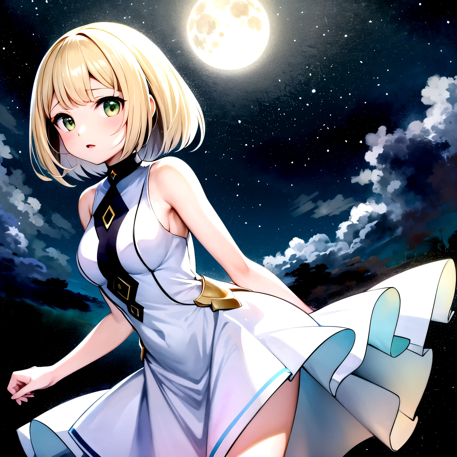 top quality, masterpiece, ultra high resolution, nice facial features, Plain design, Shoshi no Ko, hoshino ai, simple background, cute giant bright stars, ziyu, showy, cute girl standing in the water, starry sky in the background, huge full moon, Water waves, beautiful flowing and simple white dress