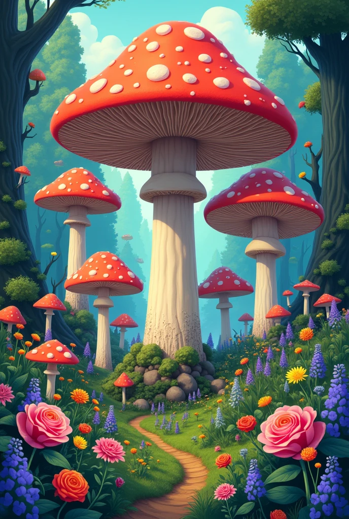 A movie poster in illustration, with giant mushrooms of various colors, in a forest with flowers of various species and colors,like red, blue, roses and etc..