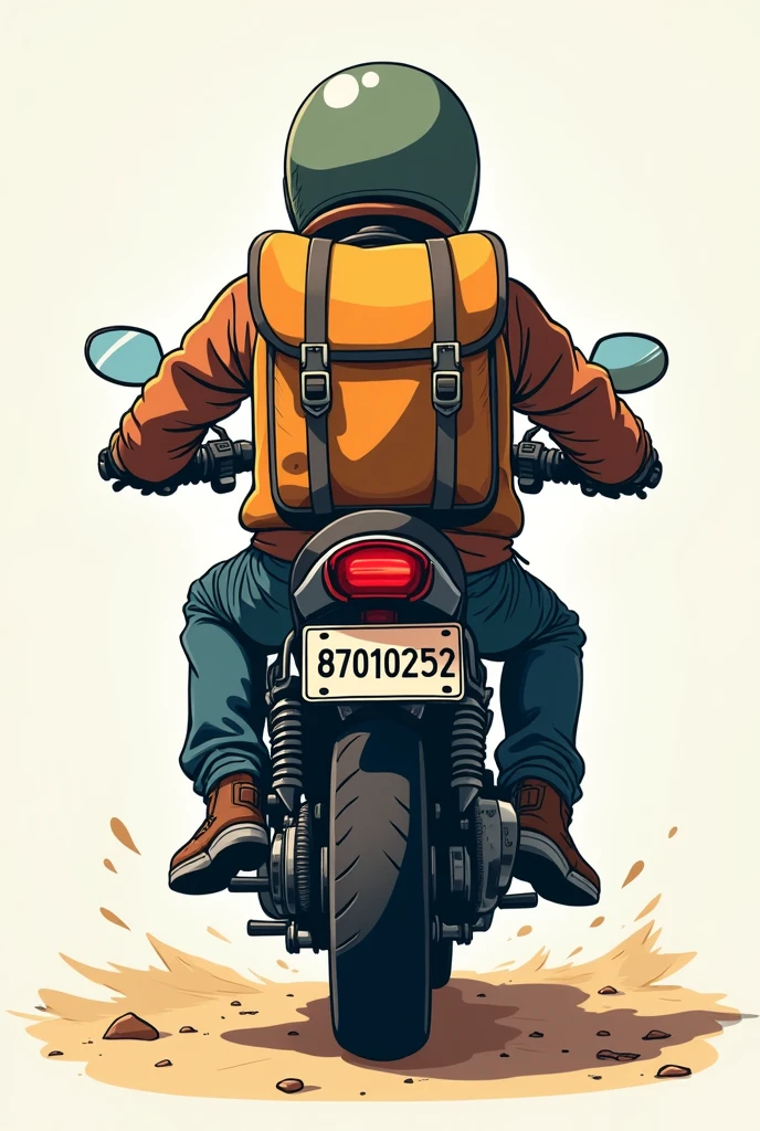 Motorcyclist on a motorcycle from behind where you can see the license plate and the license plate says 87010252 the motorcycle with a cartoonish camping backpack