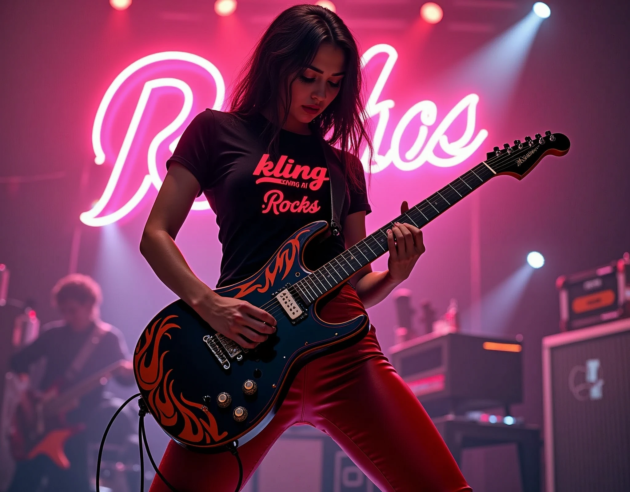 The image depicts a sexy Woman with hourglass body and hug tits playing an electric guitar, which is a musical instrument characterized by its electronic sound production. The guitar has a distinctive Glossy black with red and orange flames on it, which is not typical for such instruments and suggests a custom design or personalization. The individual's attire includes a black t-shirt with neon red text in a 3D font that spells out "kling AI Rocks", she is wearing tight red leather pants. The presence of the guitar and the attire of the person implies a context of music performance in a rock genre. Neon art style mixed with vector art and pop art in the background that depict sound waves flowing thru the air visual effect to enhance the rock aesthetic, glowing neon light, Pop art 