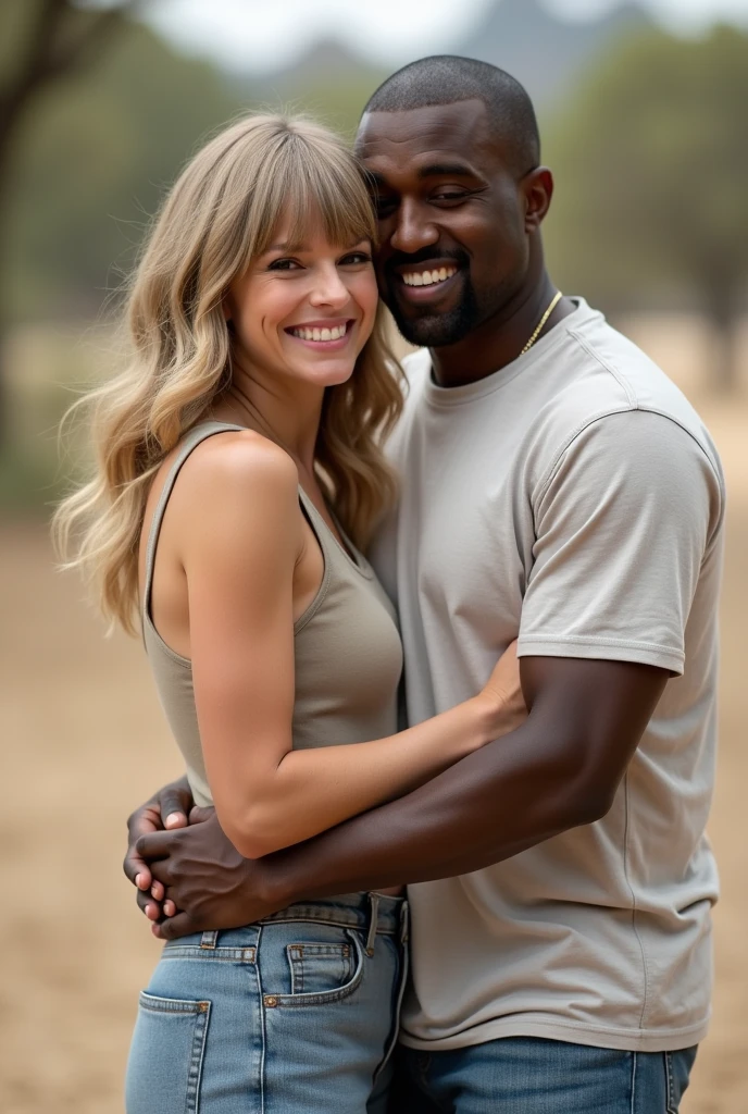 Kanye West smiling taking a photo hugging Taylor Swift in normal clothes