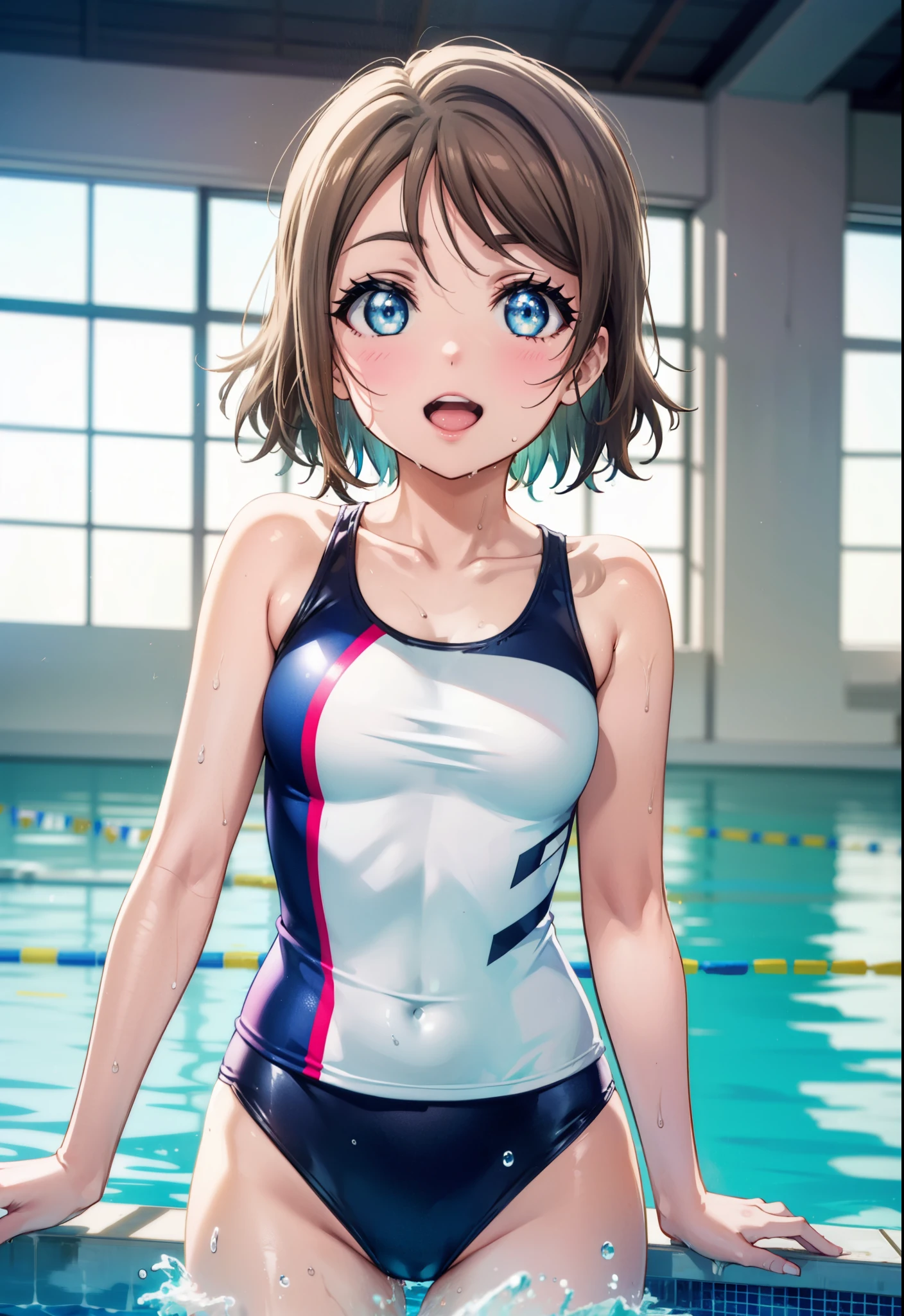 Yo Watanabe, Watanabe Yo, short hair, blue eyes, Brown Hair, smile, Open your mouth,tooth,Swimsuit,Wet swimsuit,Wet Skin,Wet Hair,Are standing,So that the whole body goes into the illustration,
break indoors, Indoor swimming pool,
break looking at viewer,Upper Body, (Cowboy Shot:1.5),
break (masterpiece:1.2), Highest quality, High resolution, unity 8k wallpaper, (figure:0.8), (Beautiful attention to detail:1.6), Highly detailed face, Perfect lighting, Highly detailed CG, (Perfect hands, Perfect Anatomy),