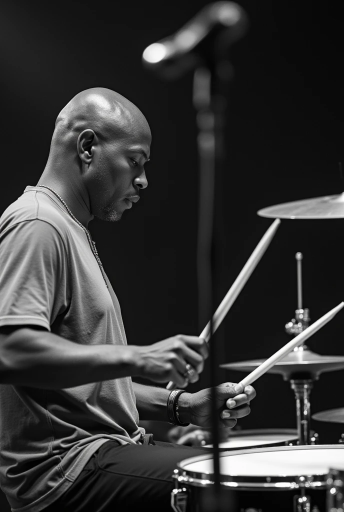 (photorealism:1.2), bald lukaku with the chelasea t-shirt playing drums in black and white
