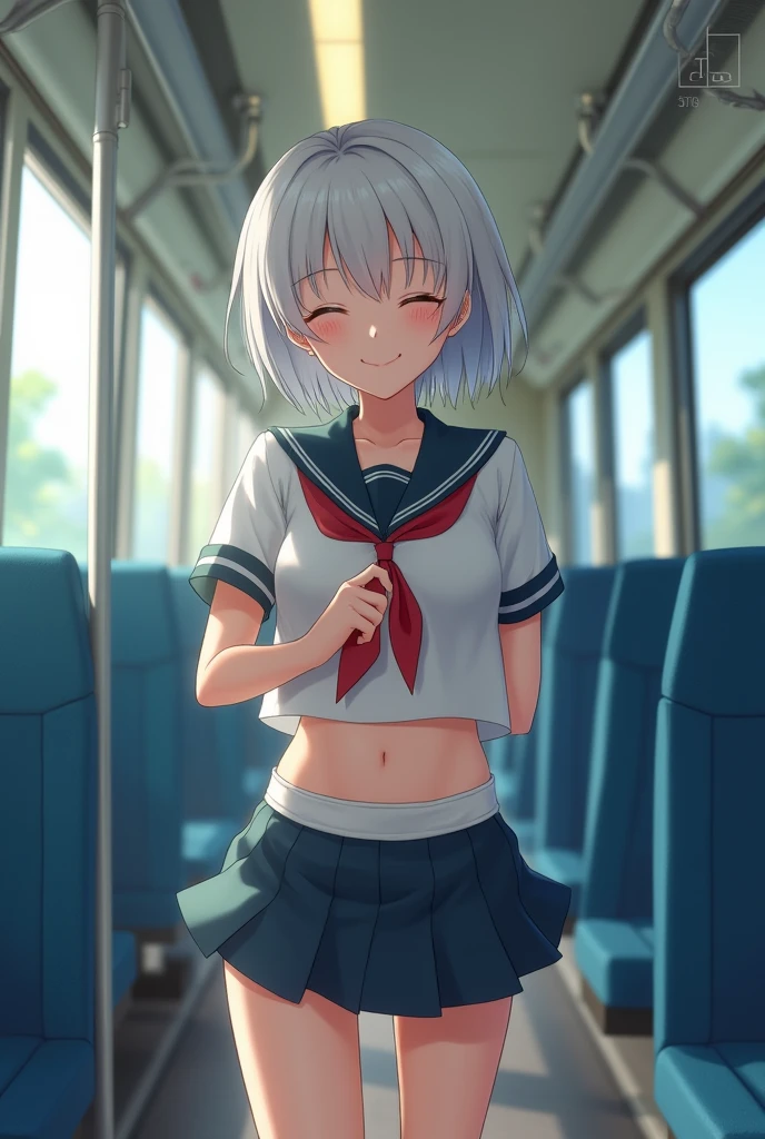 With realistic pictures、
Short hair, mostly white。
She is around 14 years old and has a normal build.。She is 150cm tall and has a smile on her face with her eyes closed.、He has a dirty mind and is always thinking about sex.。
Dress code: uniform。The uniform ribbon is red。
The place is on the train。
She&#39;s wearing a skirt but her legs are open.、Panty shot。
The color of the underwear is white。
My panties are digging into my genitals、A little wet with love juice。
Are standing。Angle as if looking up from below。
