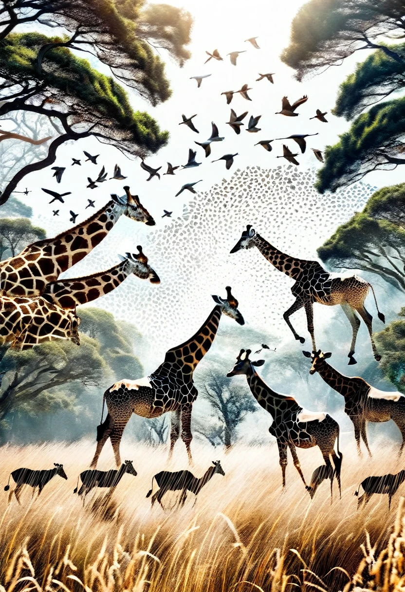 ((Double Exposure)) ((Photography)) of the ((Lions, antelopes, giraffes)) and ((grass and trees)) and ((birds flying in the sky)) blending together in the word ((WILDLIFE)), artfully captured with a ((70mm lens)) on a ((clear sunny day)), intricate details and ((hyperrealistic)) 