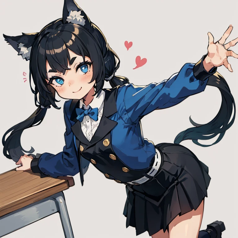 Young girl with black hair, long twintail, twintail hairstyle, (blue eyes), ((small bushy eyebrows)), (wolf ears up), wearing gothic lolita, lolicon clothes, going to school, dull eyes, dull face, going to school, flirtatious smile, small and perky breasts,