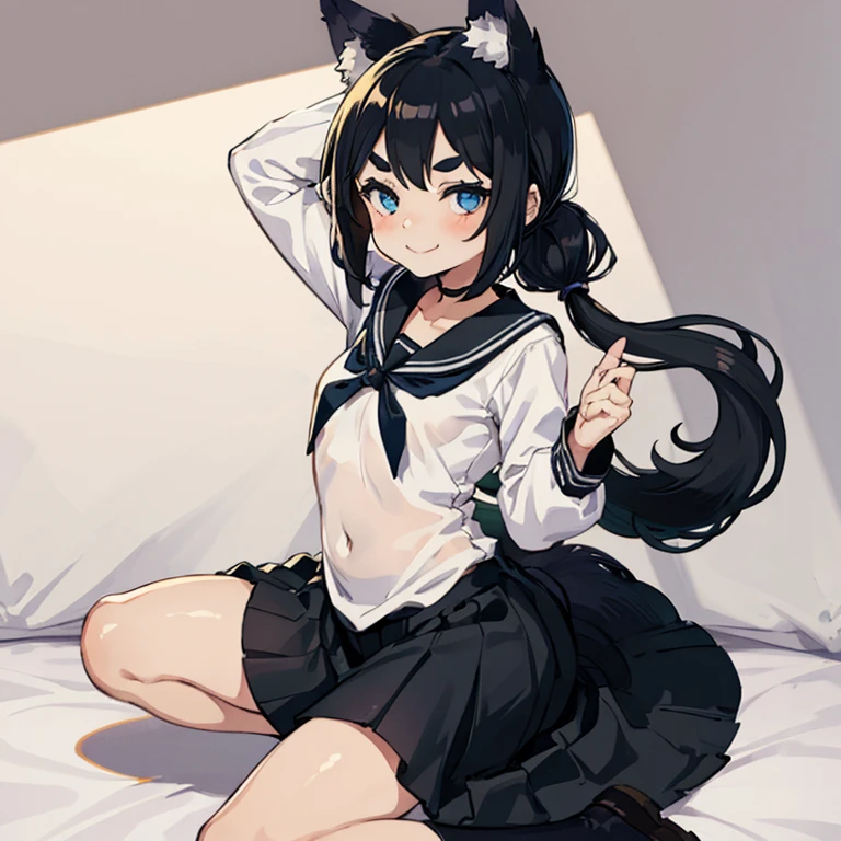 Young girl with black hair, long twintail, twintail hairstyle, (blue eyes), ((small bushy eyebrows)), (wolf ears up), wearing gothic ta, loliclothes, going to school, dull eyes, dull face, going to school, flirtatious smile, small and perky breasts,