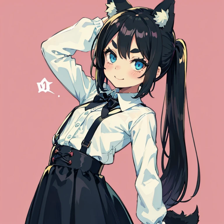 Young girl with black hair, long twintail, twintail hairstyle, (blue eyes), ((small bushy eyebrows)), (wolf ears up), wearing gothic lolita, lolicon clothes, going to school, dull eyes, dull face, going to school, flirtatious smile, small and perky breasts,