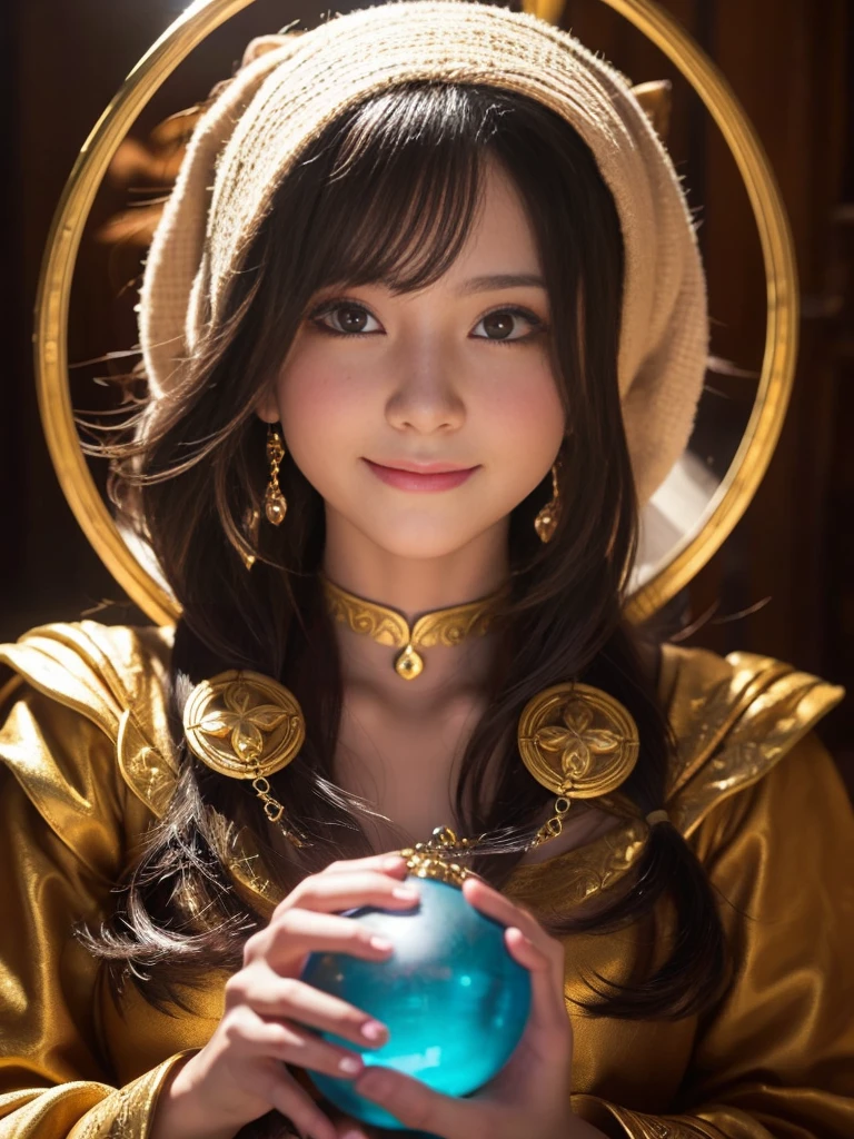 a detailed portrait of Minea the fortune teller from Dragon Quest IV, 1 woman, beautiful detailed eyes, beautiful detailed lips, extremely detailed face and features, long eyelashes, smile,intricate cosplay, alchemist costume, holding a magical crystal ball,fantasy, JRPG, digital painting, cinematic lighting, dramatic pose, warm color palette, masterpiece, 8K, photorealistic, highly detailed, concept art style