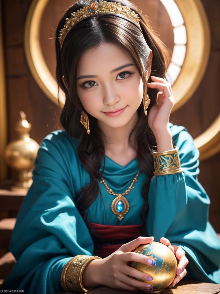 a detailed portrait of Minea the fortune teller from Dragon Quest IV, 1 woman, beautiful detailed eyes, beautiful detailed lips, extremely detailed face and features, long eyelashes, smile,intricate cosplay, alchemist costume, holding a magical crystal ball,fantasy, JRPG, digital painting, cinematic lighting, dramatic pose, warm color palette, masterpiece, 8K, photorealistic, highly detailed, concept art style