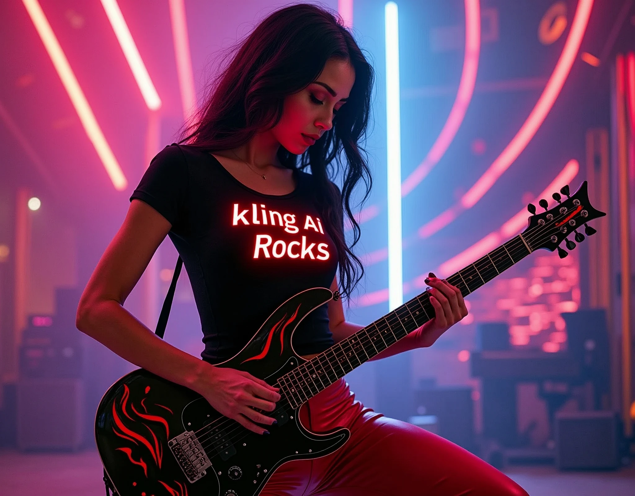 The image depicts a sexy Woman with hourglass body and hug tits playing an electric guitar, which is a musical instrument characterized by its electronic sound production. The guitar has a distinctive Glossy black with red and orange flames on it, which is not typical for such instruments and suggests a custom design or personalization. The individual's attire includes a black t-shirt with neon red text in a 3D font that spells out "kling AI Rocks", she is wearing tight red leather pants. The presence of the guitar and the attire of the person implies a context of music performance in a rock genre. Neon art style mixed with vector art and pop art in the background that depict sound waves flowing thru the air visual effect to enhance the rock aesthetic, glowing neon light, Pop art 