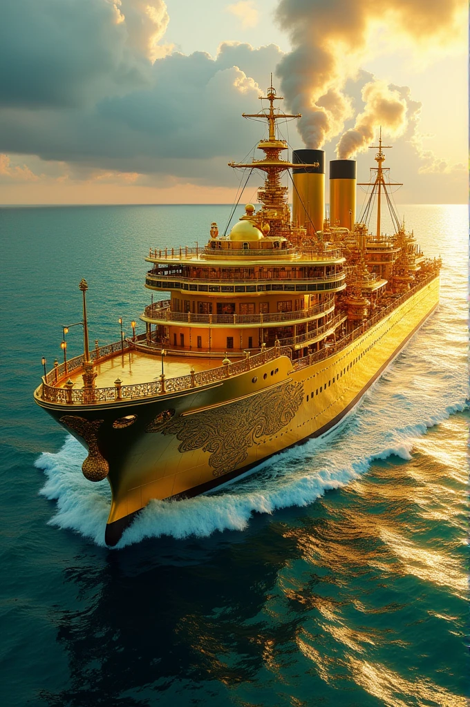 A ship made of gold floating on the sea of oils powered by gas
