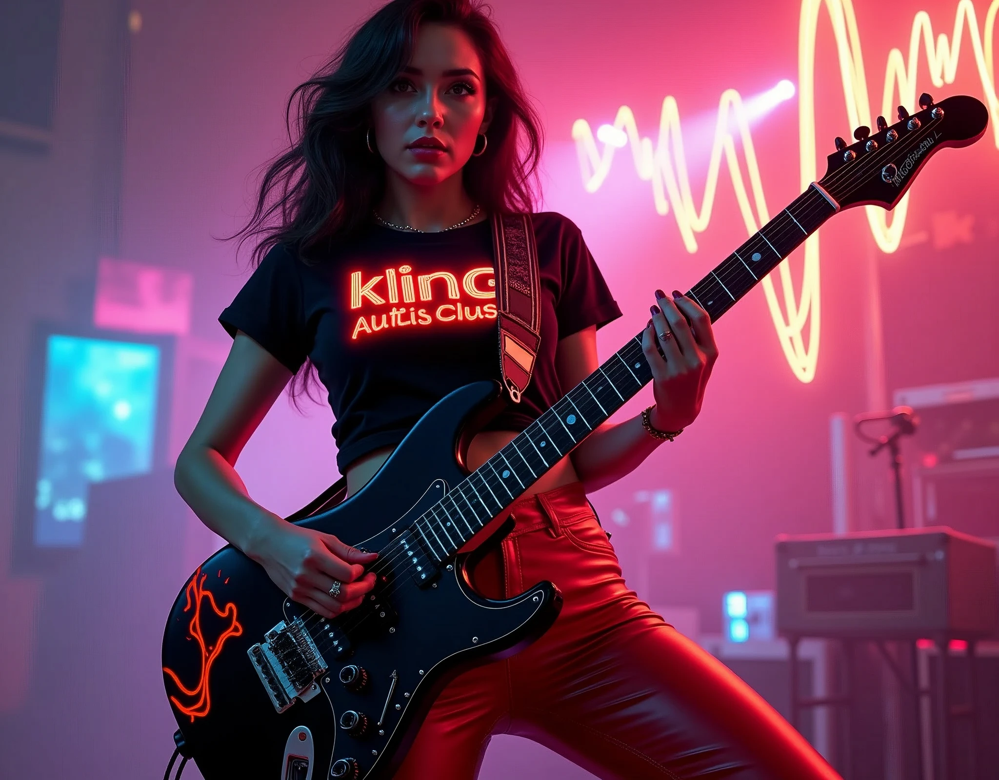 The image depicts a sexy Woman with hourglass body and hug tits playing an electric guitar, which is a musical instrument characterized by its electronic sound production. The guitar has a distinctive Glossy black with red and orange flames on it, which is not typical for such instruments and suggests a custom design or personalization. The individual's attire includes a black t-shirt with neon red text in a 3D font that spells out "kling AI Rocks", she is wearing tight red leather pants. The presence of the guitar and the attire of the person implies a context of music performance in a rock genre. Neon art style mixed with vector art and pop art in the background that depict sound waves flowing thru the air visual effect to enhance the rock aesthetic, glowing neon light, Pop art