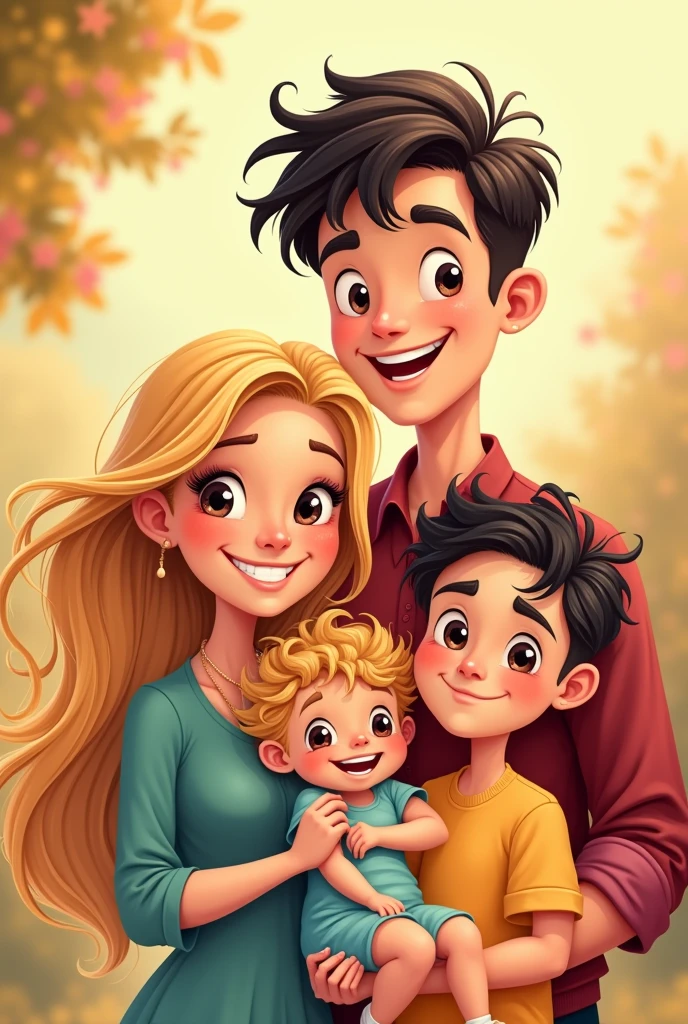 Generate a family of four: A blonde mom, a father with black hair, a age son with black hair and a blonde daughter, style cartoon