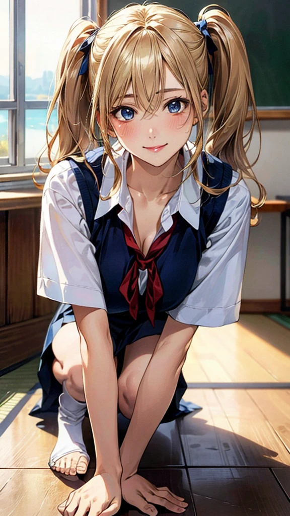 (masterpiece:1.3, Highest quality, Ultra-high resolution, Very detailed), (Realistic, photoRealistic:1.4), Beautiful illustrations, Perfect lighting, Natural light, colorful, Written boundary depth, NFSW,
View your viewers, 1 Girl, Japanese, high school girl, Perfect Face, Cute and symmetrical face, Shiny skin, Sunburned skin,
(Twin tails:1.5, Blonde), Hair between the eyes, blue eyes, (Large Breasts, seductive Thighs, Big Ass), Thighs, sum,
Beautiful Hair, Beautiful Face, Beautiful attention to detail, Beautiful clavicle, Beautiful body, Beautiful breasts, 美しいThighs, Beautiful feet, Beautiful fingers,
(Beautiful views), ((On all fours)), (School uniform), (Captivating smile,)