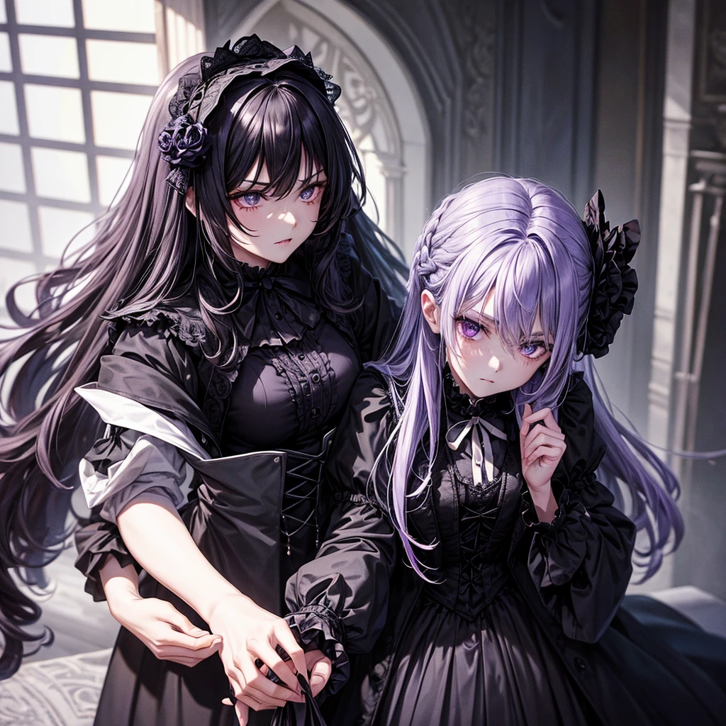 A gothic black, , , with scary hair, , , villain, , , black clothes with purple detail, , , The clothes follow a Victorian style.
