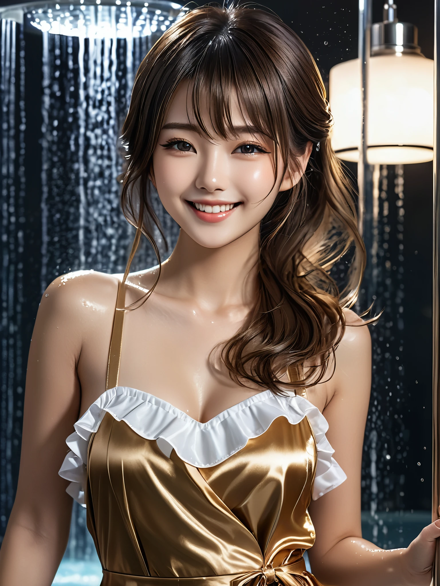 product quality, 1girl, full body shot, front view, a Japanese young pretty girl, shoulder length hair, wearing only a silky satin golden apron with white frills over her naked body with a big smile, taking a shower in a luxury shower room, glamorous figure, wet hair, wet body, busty, hyper cute face, glossy lips, double eyelids in both eyes, natural makeup, long eyelashes, shiny smooth light brown hair, asymmetrical bangs, fair skin, central image, high resolution, high detail, detailed hairstyle, detailed face, cinematic lighting, octane rendering, vibrant, hyper realistic, perfect limbs, perfect anatomy