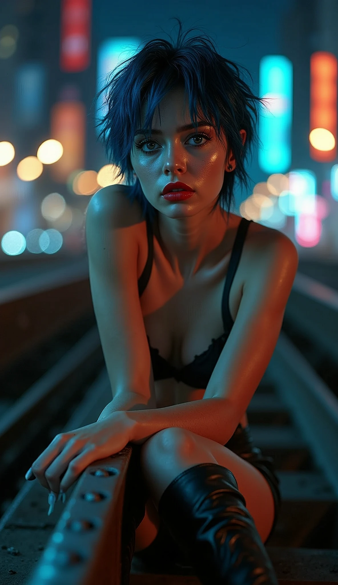 ((RAW photo), absurd, (absurdresolution)), ((full body view)), ((21 years old)), beautiful girl, (short tousled hair with bright neon blue highlights), (((the beauty of: lisa, lalisa))), (deep grey eyes, seductive look, makeup), ((ultra sharp pupils， red lipstick, blush)), ((seductive pose)), (((Street style clothing, wearing bra, tight short skirt, knee high leather boots))), ((dark makeup, digital art, trending on artstation, highly detailed, good detail, intricate, beautiful detailed glow, detailed, cinematic lighting, high resolution, detailed facial features)), ((leaning on riveted steel bridge girder looking at viewer)), (Photographic Perspective), vivid, bright colors, (((background: dark city at night)))