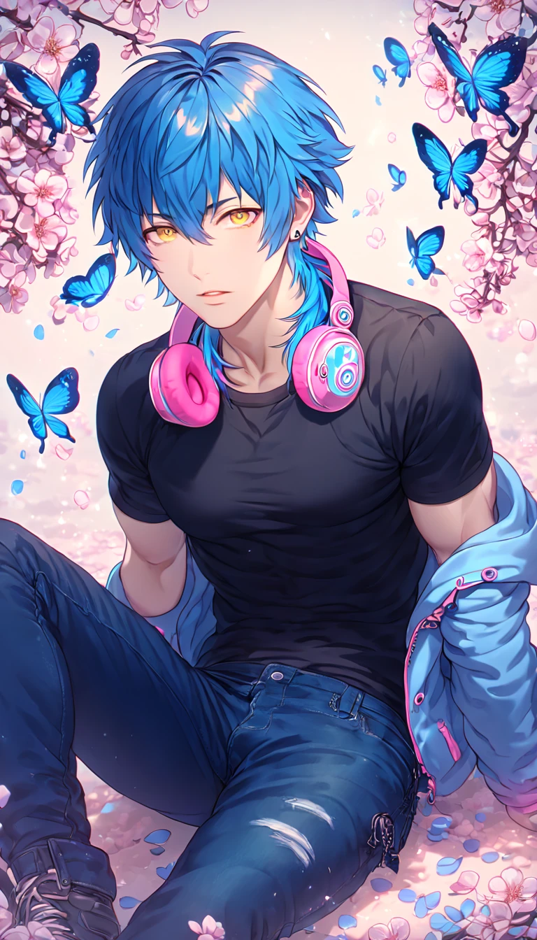 absurdres, highres, ultra detailed, HDR, master piece, best quality, extremely detailed, Seragaki Aoba, blue hair, expressive yellow eyes, Dramatical Murder, solo, sexy man, handsome, manly man sitting, sensual, pink headphones around his neck, white and blue hooded jacket, black T-shirt, blue pants, fantasy, magical, blue moon, blue flowers, blue butterflies, blue petals, blossoms