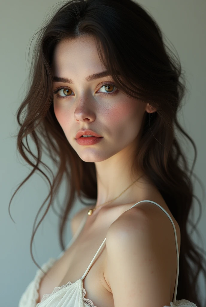 Girl with white skin, long dark brown hair, brown eyes, long nose, big lips, with a height of 5”8” ft weight 144ibs with skinny complexion 