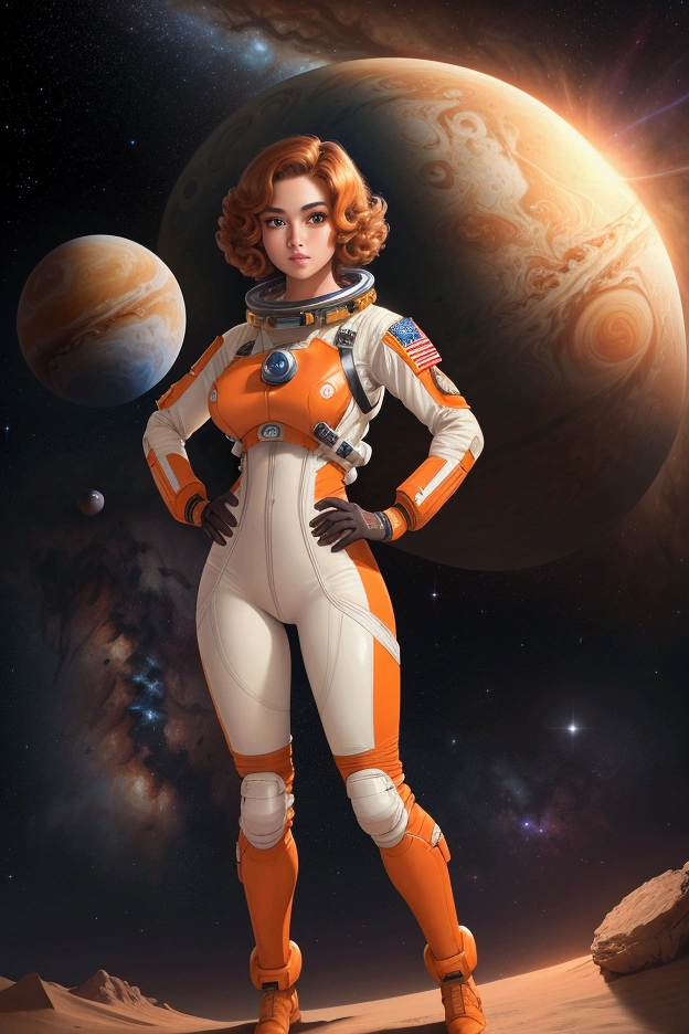 teen astronauts vintage makeup light tanned skin dark orange eyes short wavy hair vintage hairstyle thin hips muscular medium buttocks medium breasts together torn spacesuit on Jupiter
