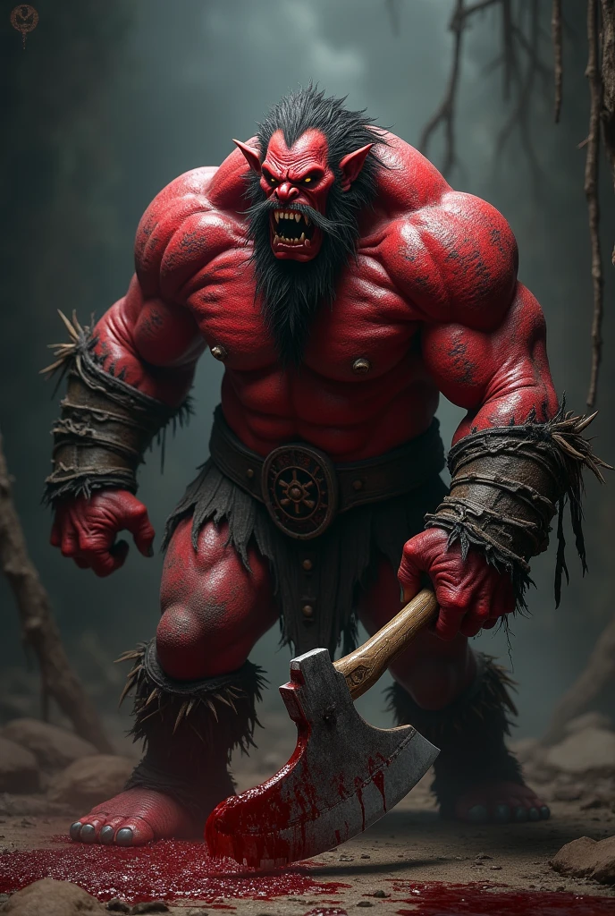 Create a realistic book cover, a red ogre making an angry face with an axe in his hand, covered in blood 